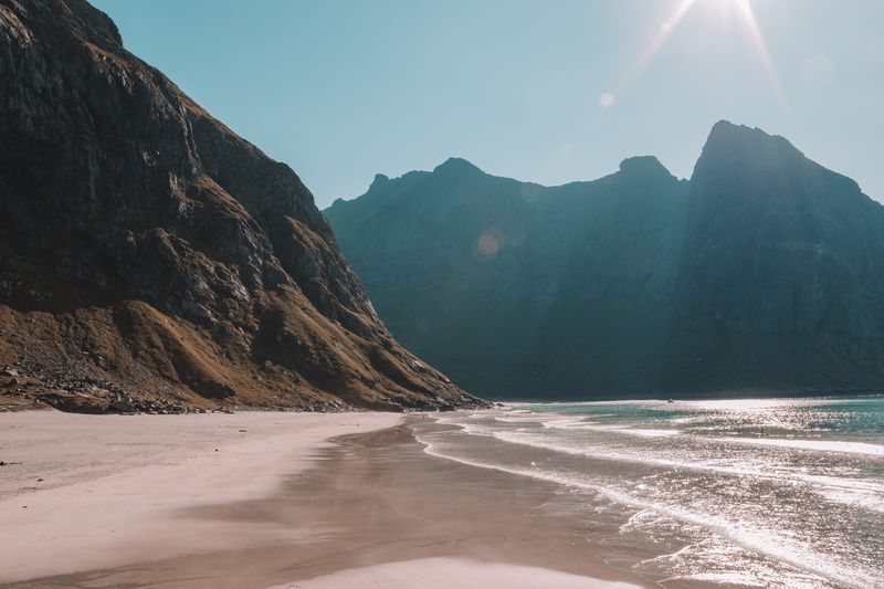 scenics - nature, no people, non-urban scene, waves, polar, tranquility, sand, environment, lofoten, sunlight, 5K, mountain range, formation, water, sky