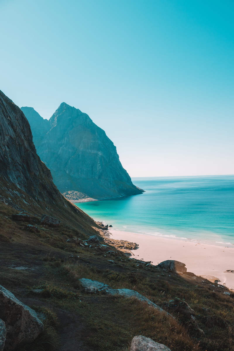 tranquility, shore, near, horizon over water, mountain, cliff, sand, scenery, cove, no people, blue, scenics - nature, kvalvika beach, landscape, summer