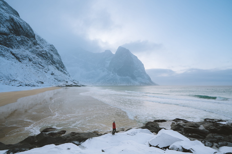  scale, scenics - nature, kvalvika beach, mountain, norway, adventure, lifestyles, one person, moskenes, rock, outdoors, waves, sky, tranquil scene