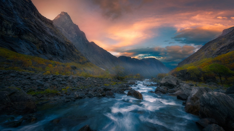 nature, tranquil scene, cloud - sky, water, europe, rock, river, rauma, solid, river rauma, rock - object, romsdalen valley, romsdalen, sky, idyllic, scenics - nature