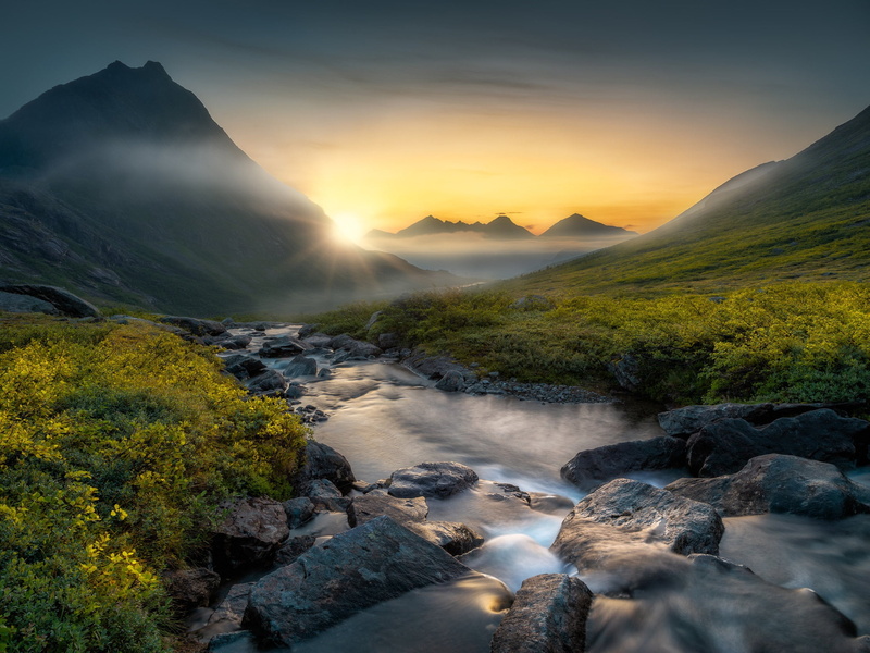 dawn, 1080P, sunrise, mountains, Valley Of Romsdalen, valley, river, Romsdalen Valley, stream, Norway