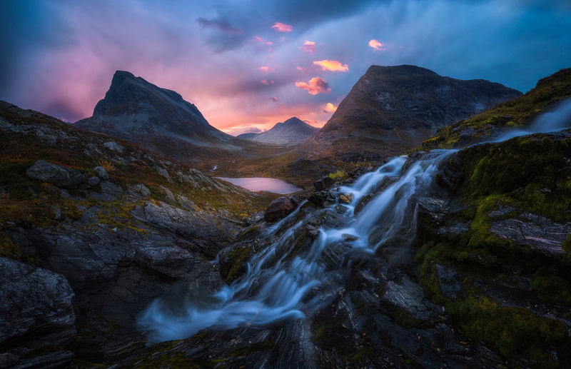 mountain, motion, Romsdalen, mountains, water, beauty in nature, mountain range, sunset, rock, 1080P, scenics - nature, rock - object, tranquility, nature