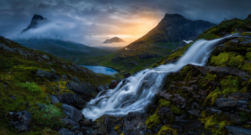 morning, Valley Of Romsdalen, 1080P, mountains, fog, Norway, Romsdalen Valley, dawn, waterfall