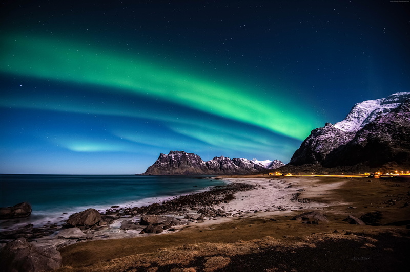5k, 4k, Mountains, HD, sea, night, Norway, stars, northern lights, 4K, shore, Lofoten islands