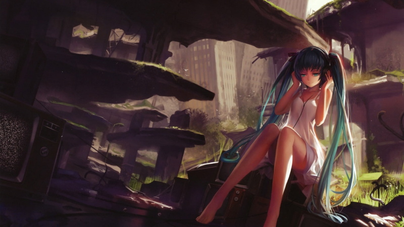 twintails, 1080P, young adult, one person, fashion, leisure activity, Vocaloid, adult, legs, standing, young women, barefoot, headphones, women, beautiful woman