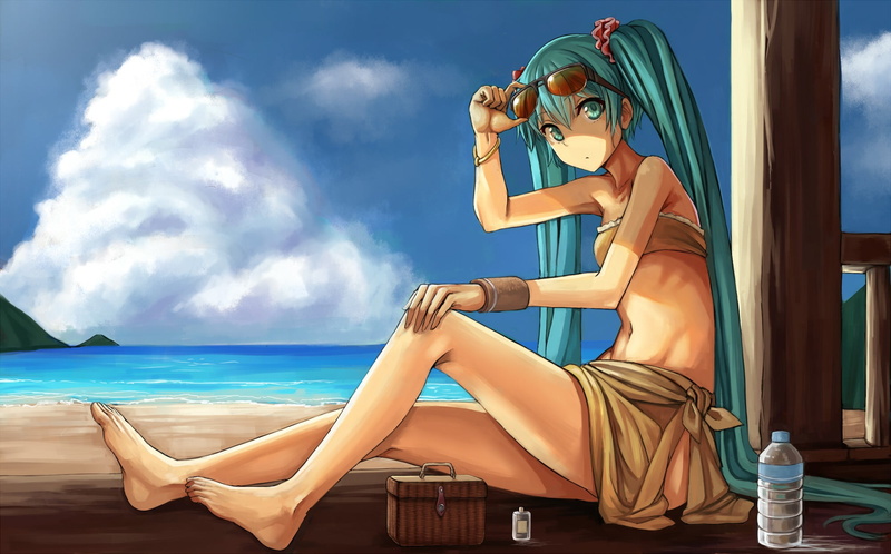 young adult, 1080P, legs, sea, one person, fashion, glasses, twintails, Hatsune Miku, leisure activity, anime, sky, beautiful woman, full length, adult