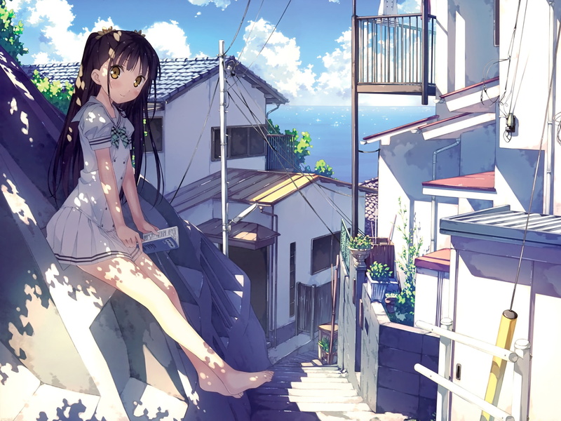 ponytail, standing, sunlight, women, 2K, reading, outdoors, anime, real people, one person, skirt, architecture, anime girls, built structure, sea village