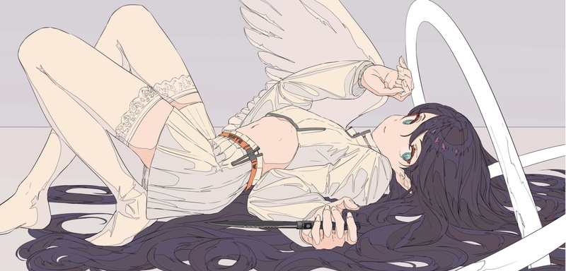 anime, wings, legs, blue eyes, anime girls, dark hair, 1080P, stockings, belly, miniskirt