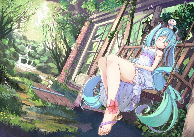 anime, legs, 720P, blue hair, long hair, anime girls, grass, Vocaloid, feet, blue eyes, Hatsune Miku