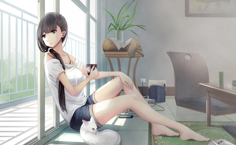 barefoot, interior, on the floor, 1080P, cat, cup, anime girls, legs, indoors, sitting, long hair, dark hair, anime
