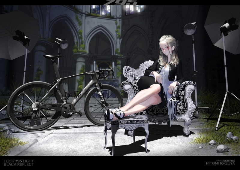 red eyes, legs, 1080P, vehicle, bicycle, anime girls, anime