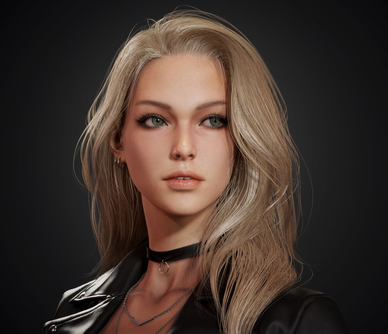 jewelry, long hair, CGI, wavy hair, Sihwa Lee, 1080P, necklace, simple background, blonde, portrait, green eyes, choker, women, leather jackets, looking