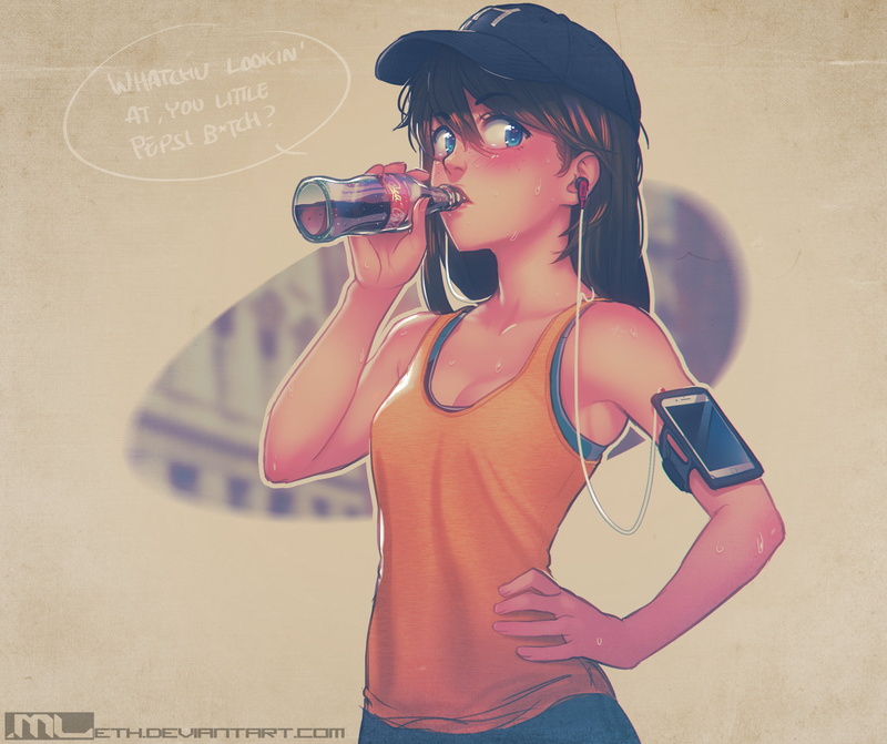 drinking, artwork, hand on belly, 1080P, illustration, MLeth, women, Coca-Cola, digital art, brunette, headphones, drawing, sweating, sweat, blue eyes