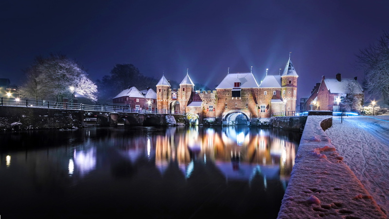 winter, Eem River, bridge, gate, castle, reflection, Liendert, night city, Netherlands, Amersfoort, river, the river Em, Koppelpoort, 1080P, promenade