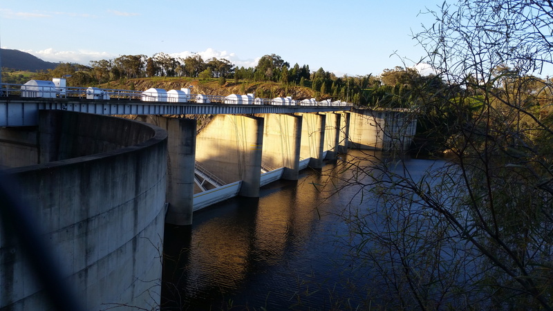 outdoors, flowing, dam wall, hydroelectric power, no people, floodgates, burrendong dam, flowing water, river, sky, connection, tree, bridge - man made structure