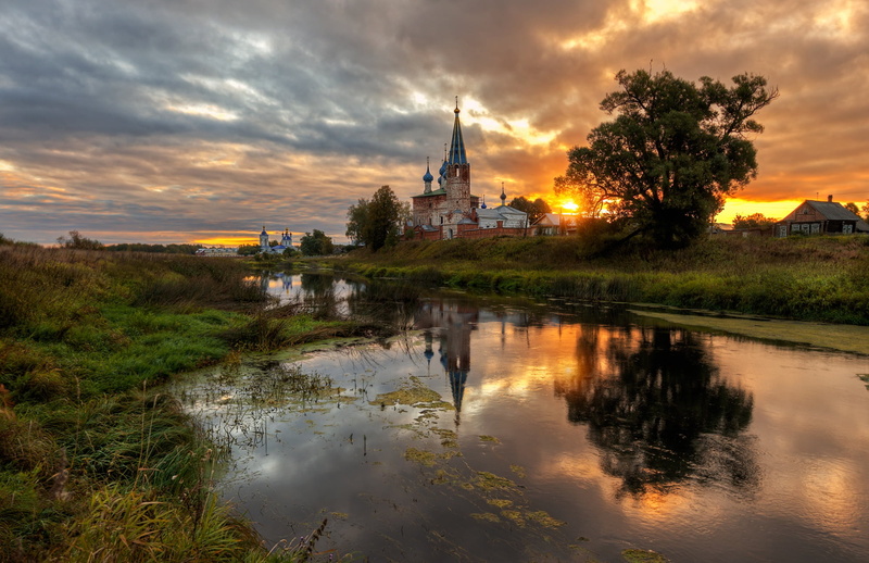 sunset, temples, Thesis, nature, Eduard Gordeev, river, Dunilovo, Gordeev Edward, Bank, Ed Gordeev, 1080P, landscape, the evening, village