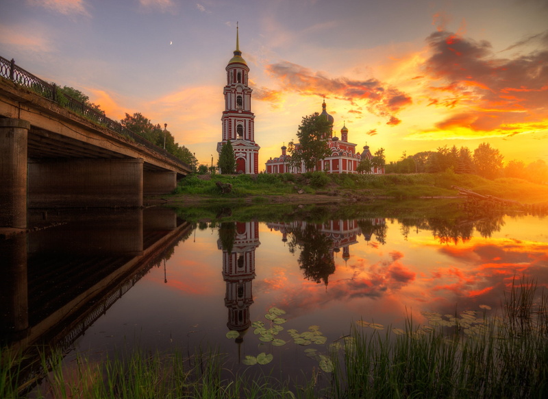 Church, Ed Gordeev, Eduard Gordeev, bridge, reflection, 1080P, Novgorod oblast, sunset, Russia, river, nature