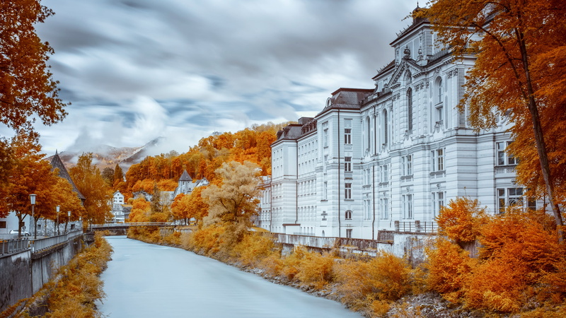 orange color, river, clouds, the sky, building, foliage, outdoors, street, day, Golden autumn, mountains, building exterior, treatment, pond, autumn collection