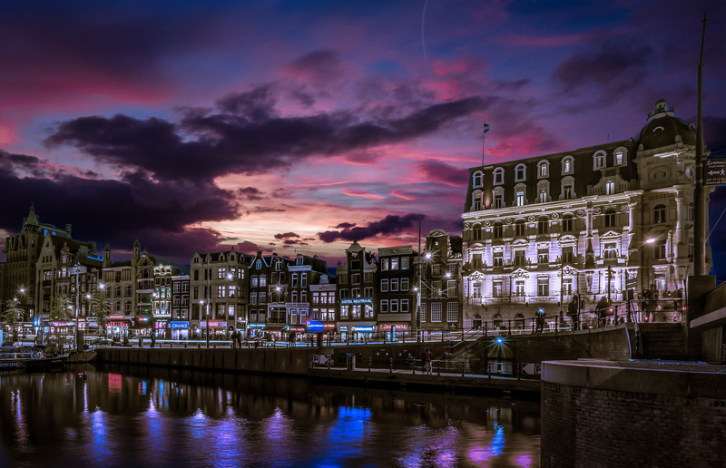 Jordan, Singelgracht Canal, building, Amsterdam, channel, Netherlands, 1080P, Jordaan, night city, Holland, home, promenade