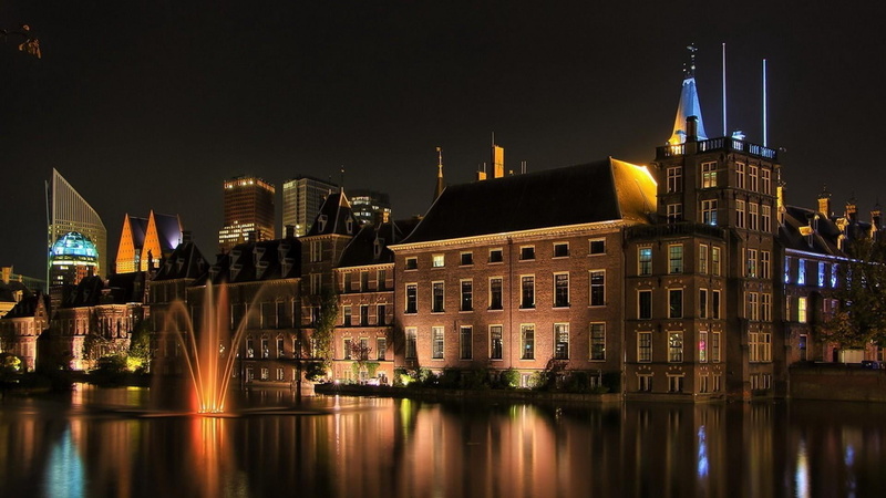 europe, netherlands, water, river, reflection, building exterior, night, no people, travel destinations, office building exterior, modern, financial district