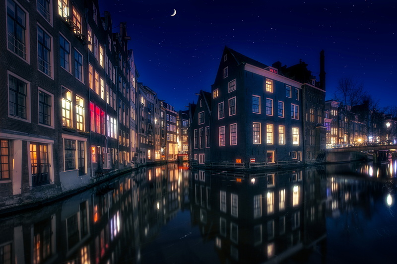 channel, lights, 5K, night, home, Netherlands, Amsterdam