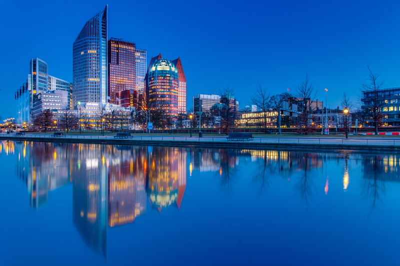 Netherlands, Building, 5K, River, Cities, Night, City, The Hague, Skyscraper, Reflection