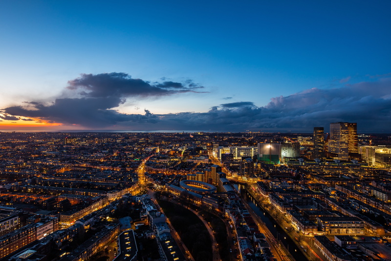 Top view, city, environment, built structure, cloud - sky, blue, landscape, architecture, illuminated, night, sky, Night city, The hague, no people, outdoors