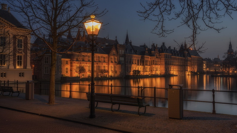 water, tourist attraction, built structure, hague, evening, building exterior, night, street, city, street light, building, netherlands, architecture, 1080P