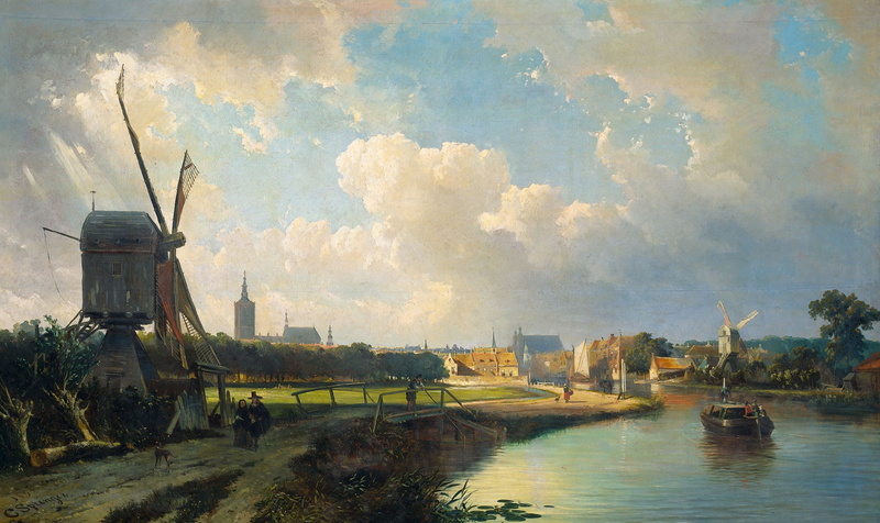 The view of the Hague from Delft, 1080P, Caspar Carsen, oil, landscape, windmill, picture