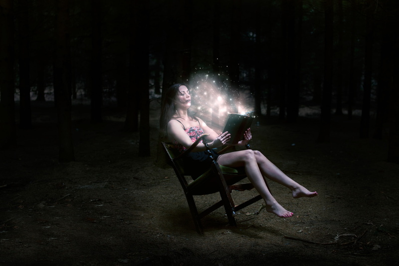 night, land, forest, open mouth, adult, chair, fairy tale, fantasy art, photo manipulation, women outdoors, bare shoulders, young adult, barefoot, leisure activity