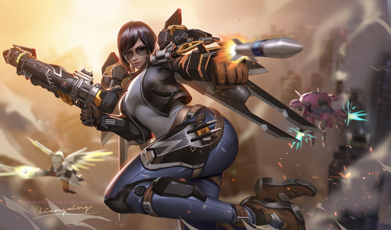 Overwatch, women, tank top, Pharah (Overwatch), boots, brown clothing, blue clothing, sparks, rocket, weapon, Liang-Xing, fighting, D.Va (Overwatch), open clothes