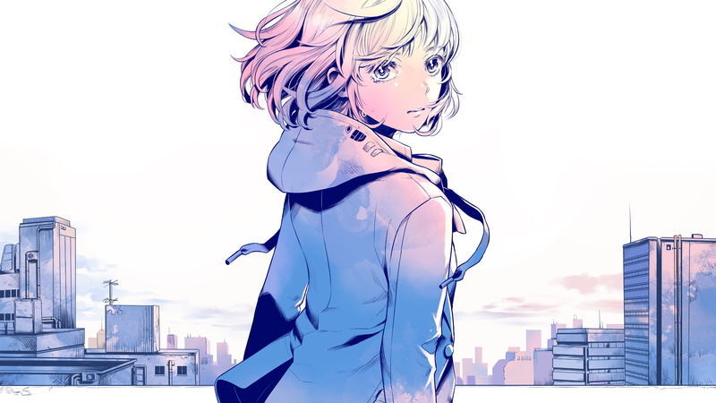 1080P, city, clouds, anime girls, jacket, monochrome, Una Otomachi, crying, looking away, short hair, sky, anime