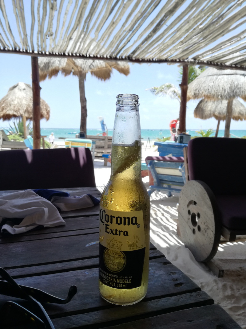 focus on foreground, alcohol, container, beer, fresh, bottle, food and drink, plage, mexico, 4K, close-up, bar, drink, day, ice, sand, table, playa del carmen