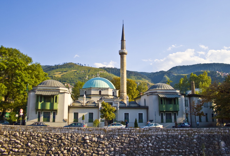 nature, tourism, place of worship, spirituality, sky, islamic, islam, building exterior, teal, building, sarajevo, mountain, travel, outdoors, ottoman