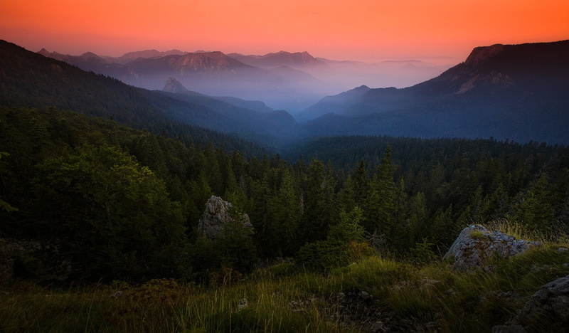 amber, 720P, Bosnia, nature, landscape, mountains, sky, shrubs, forest, mist, grass