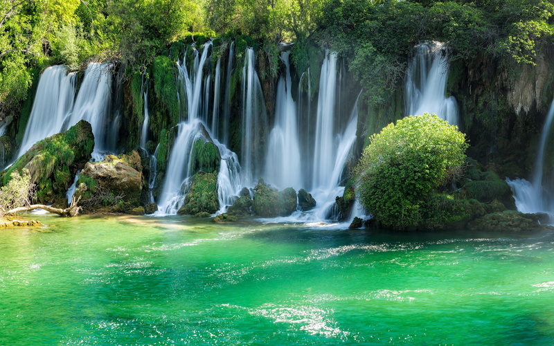 bosnia, power in nature, rainforest, river, travel destinations, non-urban scene, falling water, forest, summer, tree, idyllic, jungle, waterfalls, no people