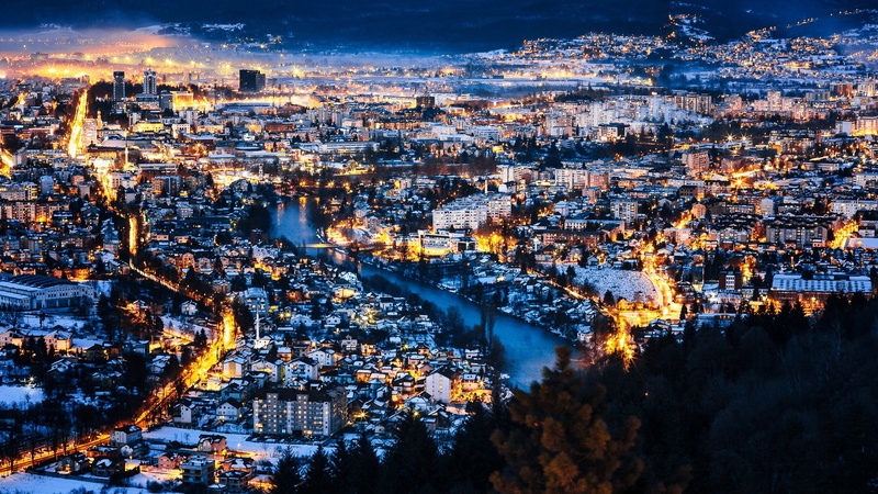 night, luka, cities, bosnia, scenery, street, herzegovina, rivers, houses, and, lights, 1080P