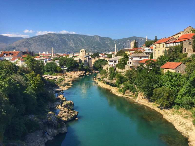 bridge, city, herzegovina, mountain range, nature, Outlook, 2K, residential district, architecture, mountain, City, River, house, building, outdoors, river