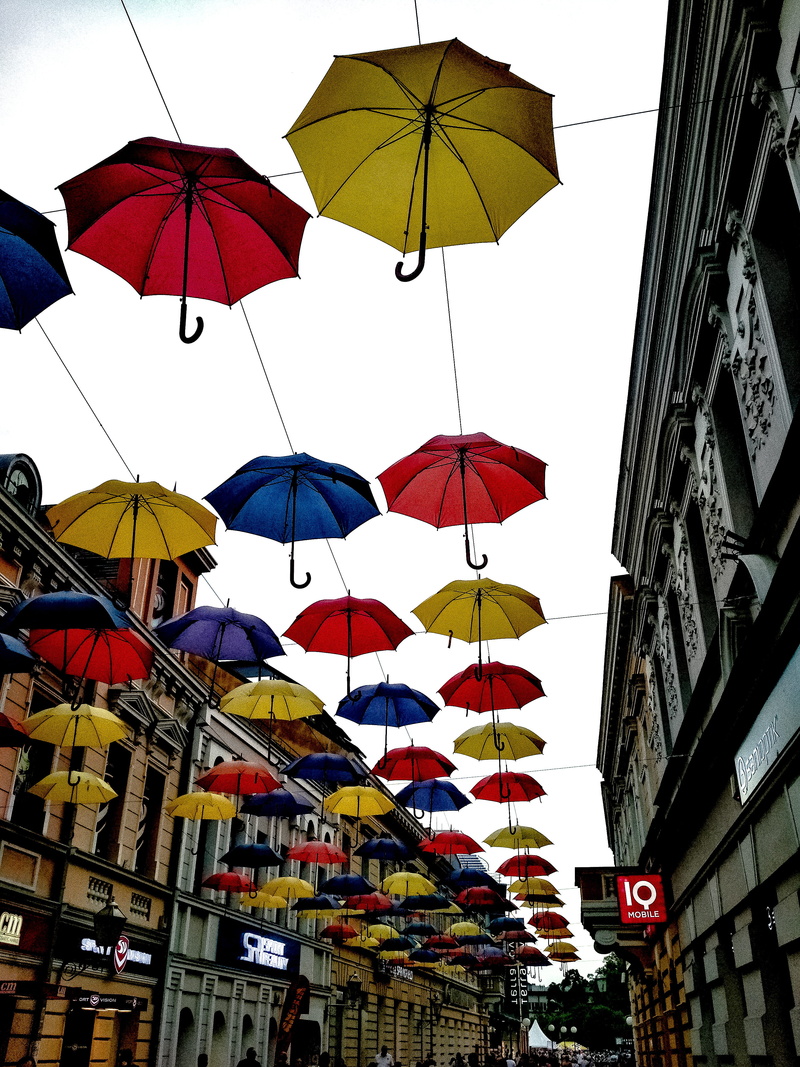 decorative, outdoors, city, umbrella, hanging, colors, life, protection, red, banja luka, multi colored, building, no people, adventure, building exterior