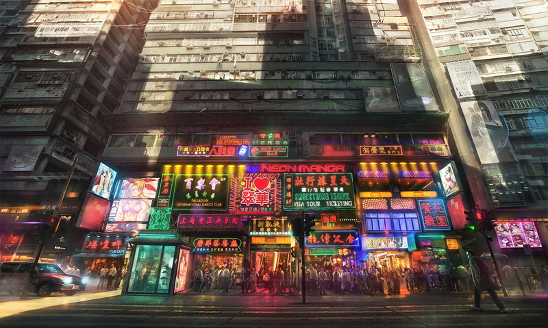 built structure, illuminated, sign, city, building exterior, building, architecture, night, outdoors, apartments, neon, street, text, low angle view, anime