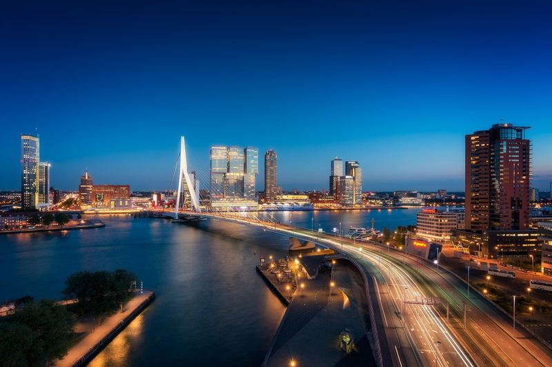 Holland, night city, Rotterdam, 1080P, skyline, lights, river, bridge, Netherlands