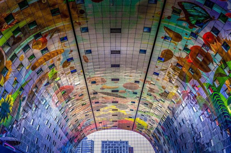 arch, multi colored, rotterdam, 5K, ceiling, glass - material, no people, low angle view, creativity, city, mural, indoors, modern, tile, design, roof