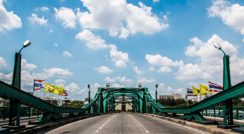 thailand, memorial bridge, bridge - man made structure, bangkok, very hot, across chao phraya river, vanishing point, sky, architecture, phara nakorn district