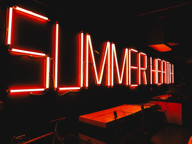 stage, indoors, western script, chao phraya river, charoen krung, neon, tourist, lighting equipment, illuminated, red, old warehouse, architecture, brightly lit