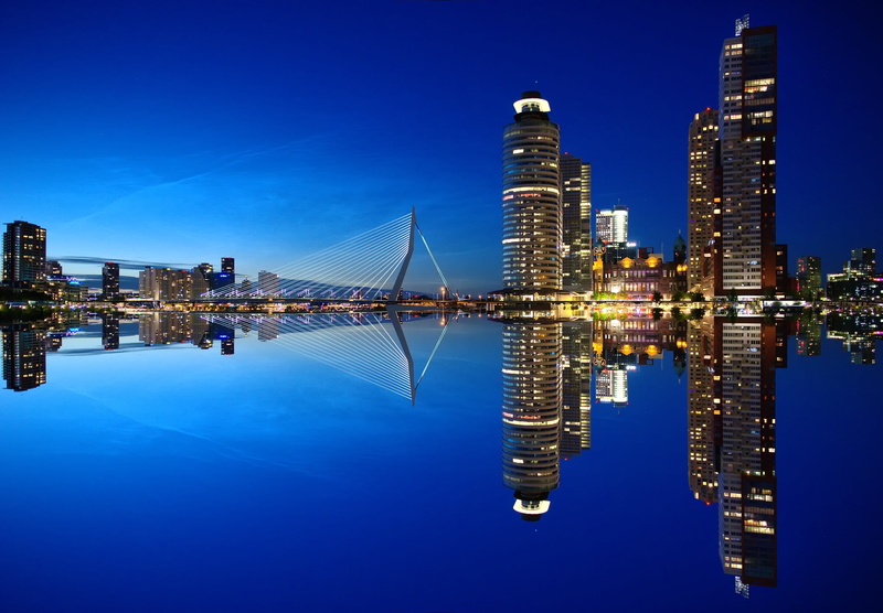 built structure, financial district, at night, architecture, skyscrapers, city, rotterdam, illuminated, travel destinations, night, cityscape, skyscraper