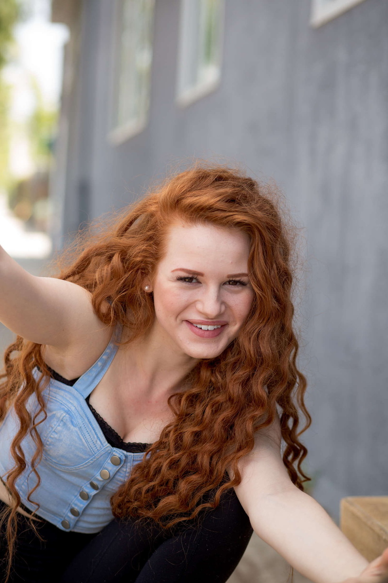 redhead, women, bare shoulders, wavy hair, looking at viewer, Madelaine Petsch, 1080P, women outdoors, smiling, portrait display, armpits, actress, long hair