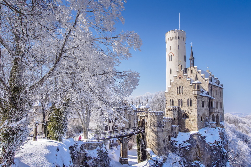 the sun, castle, bridge, Germany, Lichtenstein Castle, 1080P, Baden-Württemberg, Hanau, winter