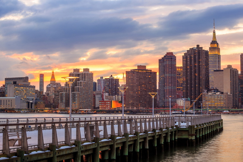 river, sky, New York City, snow, USA, skyscraper, pier, clouds, building, 2K, promenades