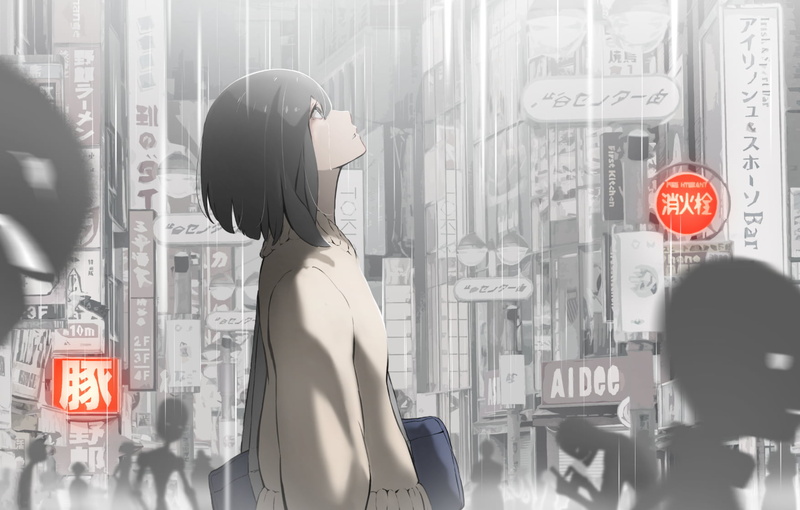 alone, sign, dark hair, anime girls, city, looking up, Japan, street, anime, rain, 720P