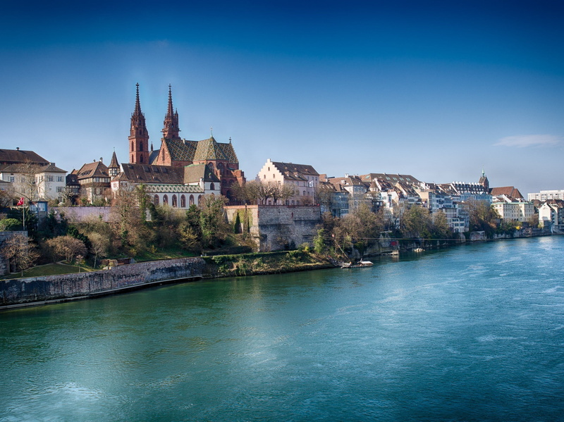 home, built structure, building, sky, blue, cityscape, water, nature, belief, residential district, 1080P, Basel, religion, river, Rhine, building exterior